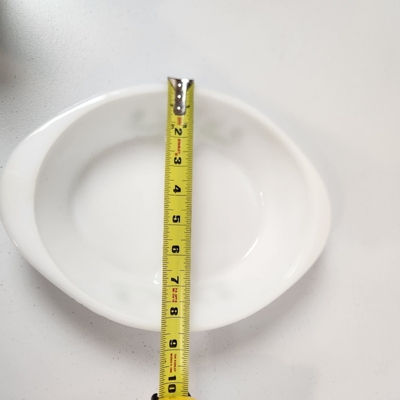 Vintage Glasbake Milk White Divided Casserole Oval Dish Green Daisy Pattern 12" - Picture 7 of 7